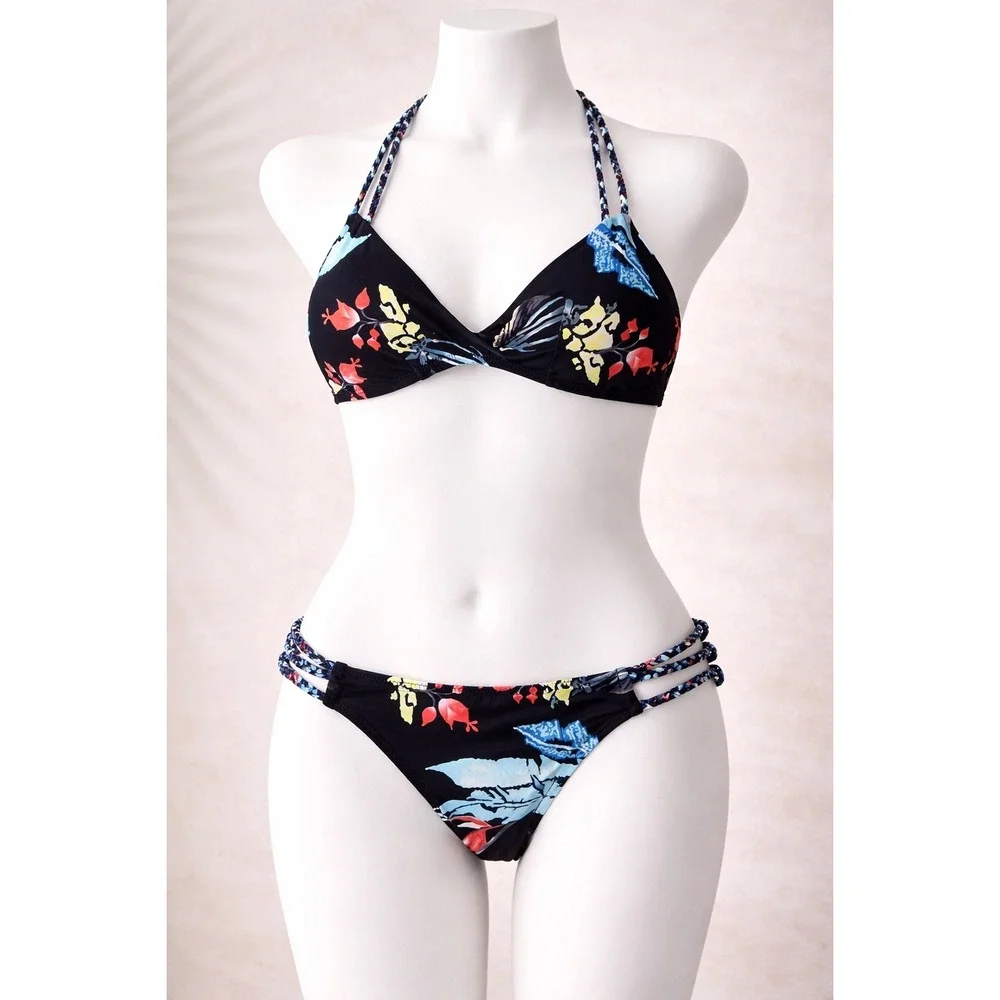 Cupshe Tropical Floral Braided Strap Bikini Set Black Multi Color Two Piece‎ M